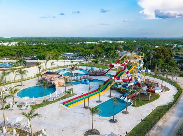 Aerial view of the Splash Island waterpark with colourful slides and pools