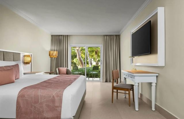 King room with a desk, wall-mounted TV and garden window
